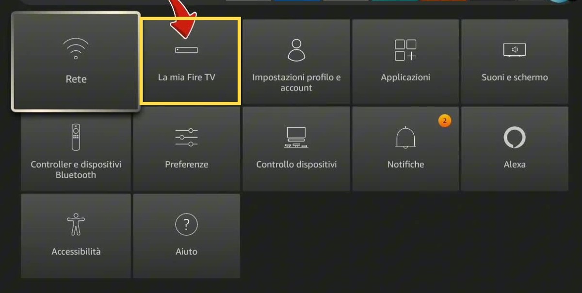 Apri La mia Fire TV — area da selezionare evidenziata in giallo.